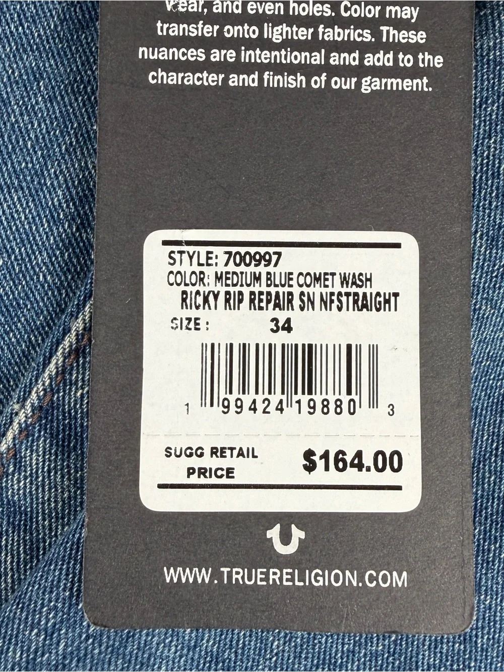 True religion Size 34 Men’s Ricky Straight Legged Jeans